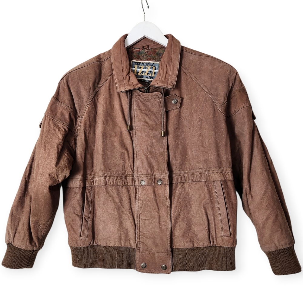 Izzy Vintage 80's Chestnut Brown Leather Bomber Jacket Size Large